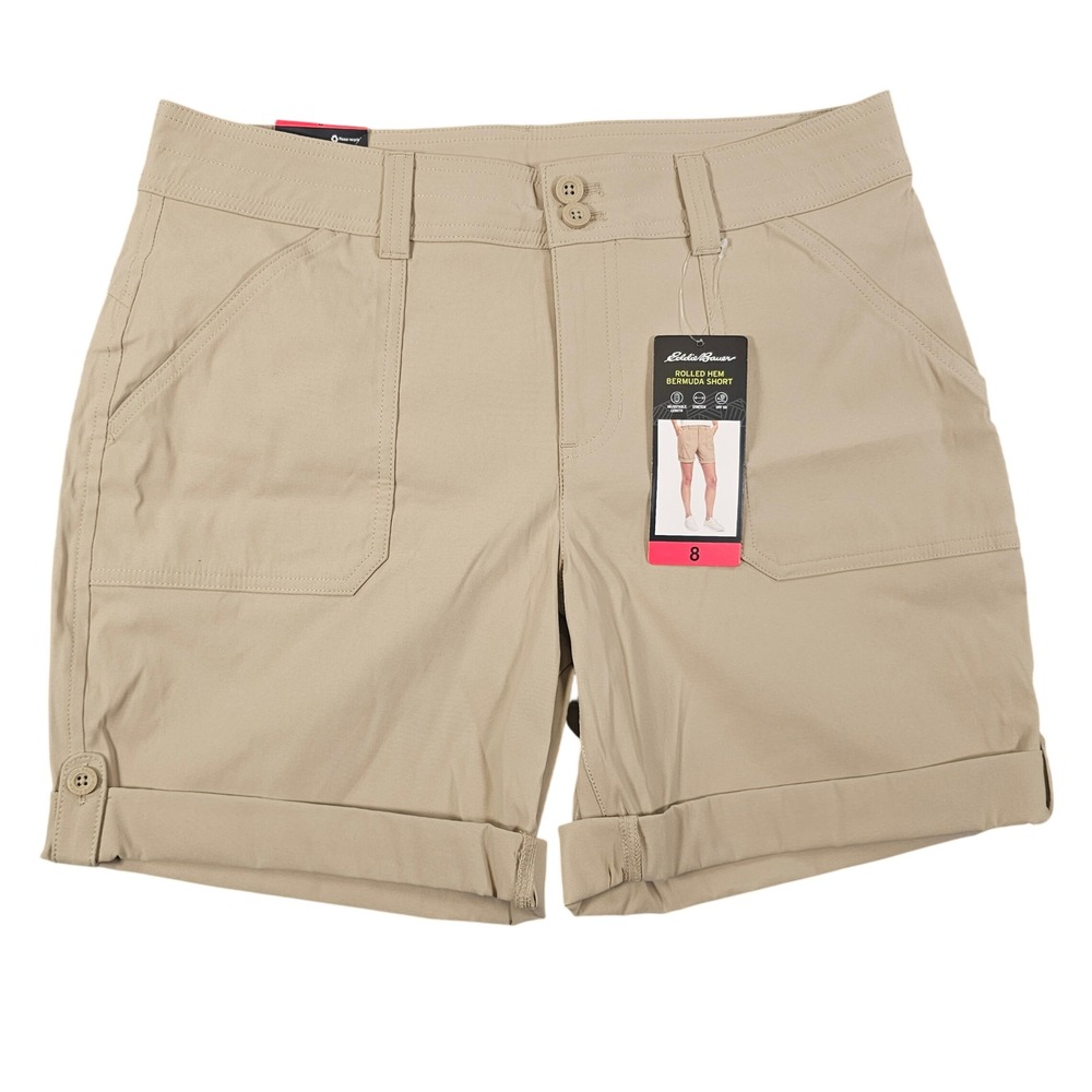 Eddie Bauer Rolled Hem Bermuda Shorts Brown Khaki Stretch Hiking Women 8 NEW